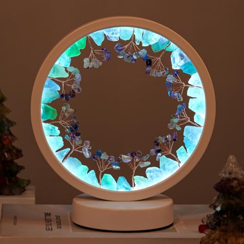 Runyangshi Natural Crystal Green Fluorite Small Tree Round White Frame Tri-Color Ambient Light Home Decoration Night Light Gift for Women by Runyangshi - Used condition - US$14.57