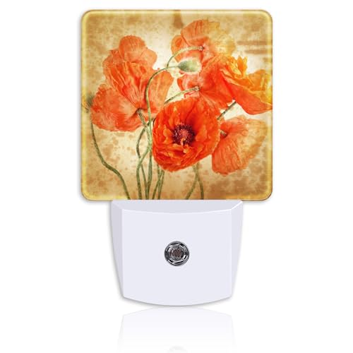 Image of Vintage Orange Flowers Night Light Plug Wall,Poppy Bouquet Oil Painting LED Night Lights with Dusk to Dawn Light Sensor for Women Girls Boys Room Decor,Hallway,Kitchen,Bathroom,Nursery,Stairs