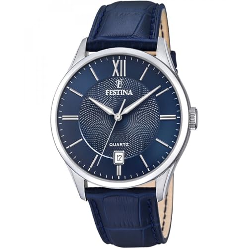 Festina Reloj Hombre Analógico de Cuero Azul   Movimiento de Cuarzo   Calendario   Cristal Mineral de Alta Resistencia   Resistente al Agua 5 ATM Elegante F20426/2