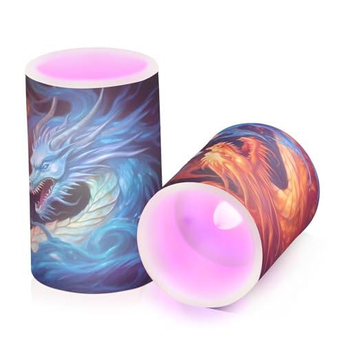 Kigai Ice Fire Dragon Flameless Candles with Remote Control and Timer,Battery Operated LED Pillar Candles Adjustable Brightness for Ourdoor Indoor Use,Home Decor,2 Pack