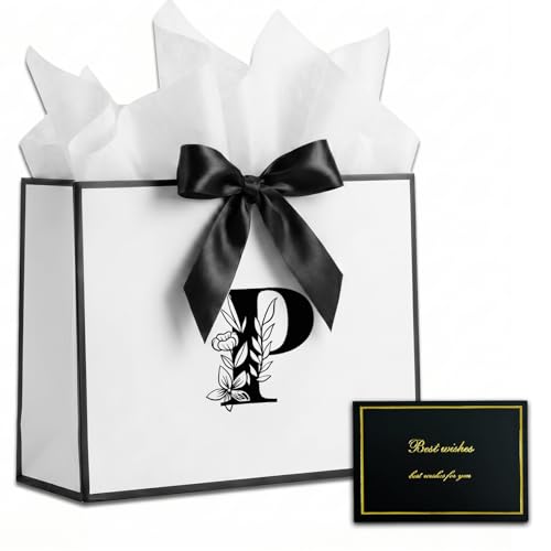 Alphabet Birthday Gift Bag, Initial Gift Bag with Card and Tissue Paper for Men Women, Large Black White Personalized Bow Bags for Bridal Party, Wedding, Graduation, Birthday Gifts Bags (Letter P)