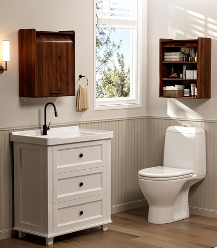 Image of ZttRiee Bathroom Wall Cabinet, Medicine Cabinet with Roll-Up Door & 3 Shelves, Over The Toilet Wall-Mounted Storage Cabinet, Walnut