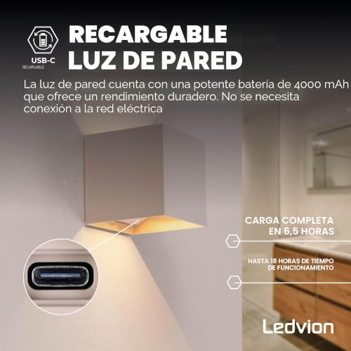 Lámpara LED de pared 2700K recargable USB con batería de 4400mAh Ledvion 4