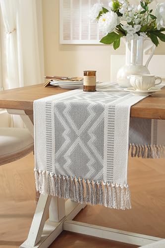 Boho Table Runner ， Natural Cotton Woven Gray Runner，for Modern Farmhouse Decor, with Tassels for Home Dining Table Decor 14 x 72 Inch Long