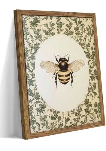 Framed Vintage Bee Wall Art, Cottagecore Floral Botanical Decor, Rustic Garden Insect Pictures Poster, Oval Bumblebee Canvas Print Wall Decor for Bedroom Living Room 8x10 inch