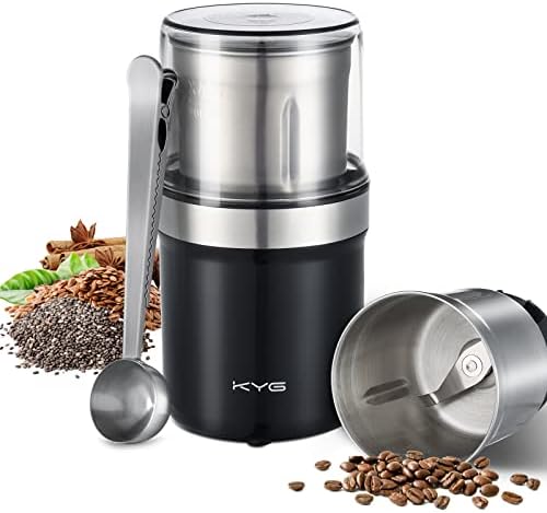 KYG Kaffeemühle Elektrisch mit Abnehmbarer Edelstahlbehälter, 300W Kaffeebohnenmühle elektrisch, Gewürzmühle mit 100g Füllmenge, für Kaffeebohnen, Kräuter, Nüsse, Körner, M200B