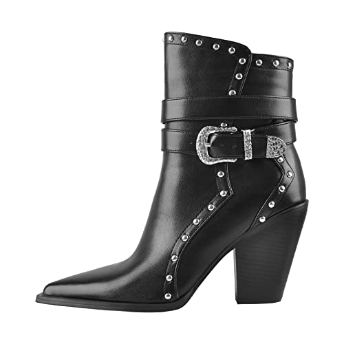Only maker Damen Stiefeletten mit Blockasbatz Knöchelschnallen Weitschaft Winterschuhe Warmgefütterte Bootsschuhe mit Nieten Cool Punk Damenschuhe Schwarz EU 44