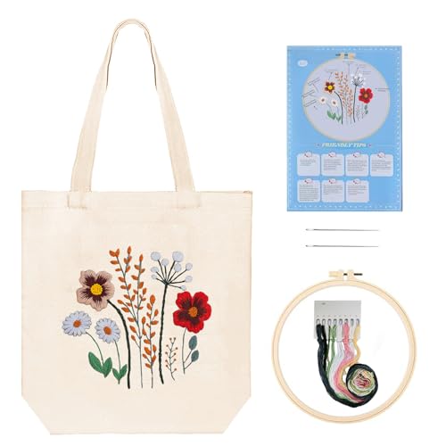 Image of Huacan Embroidery Canvas Bag Kits for Adults Beginner Stamped Flowers Pattern DIY Cross Stitch Printed Flower Stitching Sewing Kit