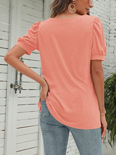 Adreamly Women's Short Sleeve Square Neck Shirts Loose Casual Tee Summer T-Shirt Relaxed Fit Tunic Top Orange Pink Small #TOP3