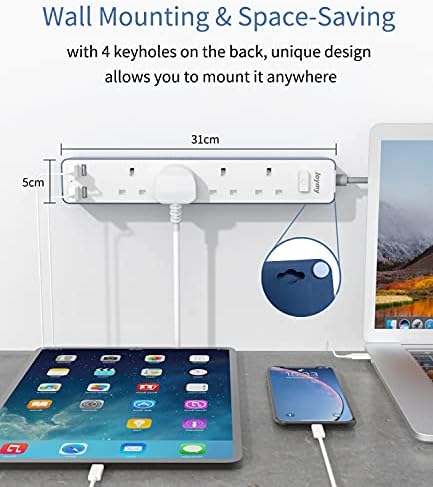 Extension Lead with USB, Joymy Power Strip with 4 USB Slots 4 Way Outlets, 1.6M Extension Cable UK Multi Plug Extension Cord with Switch, Plug Extender Mountable for Home Office Kitchen Desktop