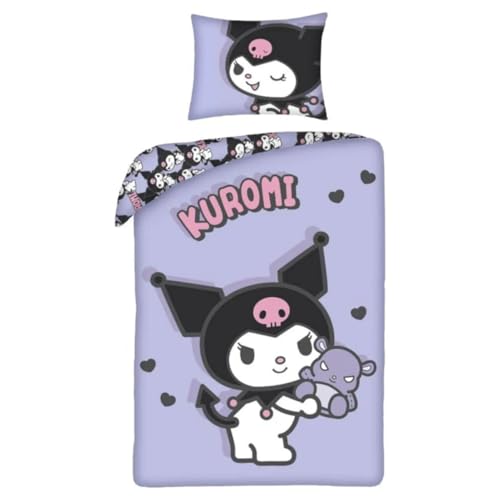 Halantex HELLO KITTY KUROMI Parure de lit Housse de couette 140 x 200 cm + taie d'oreiller 70 x 90 cm - Réversible - 100 % polyester - Couleur Violet