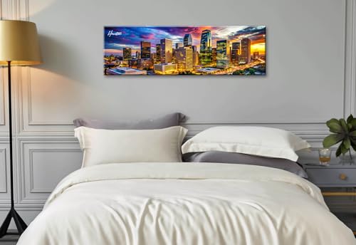 Image of DJSYLIFE Houston Skyline Canvas Wall Art Decor Panorama City Pictures Painting Texas Cityscape Photo Print Artwork for Office Bedroom Living Room Walls Decoration Ready to Hang 13.8 inchx45.3 inch