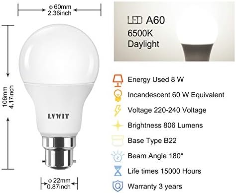 Daylight B22 Bayonet LED Bulb, LVWIT 8W A60 Cool White Bayonet Light Bulb 60W Equivalent,806Lm,6500K Super Bright B22 LED Bulbs,Non-Dimmable (9 PCS)