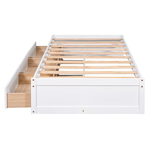 Doppelbett mit Stauraum, Kiefernholz, E-Bett mit 3 Schubladen und 10 Lamellen, einfaches Design, kein Kopfteil und Fußteil, kein Boxspringbett erforderlich, 197,9 x 106,2 x 35,8 cm (L x B x H), Weiß – Bild 7