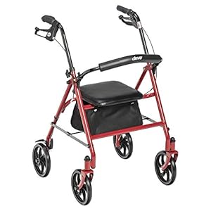 Drive Medical 10257RD-1 4 Wheel Rollator Walker With Seat, Steel Rolling Walker, Height Adjustable, 7.5″ Wheels, Removable Back Support, 300 Pound Weight Capacity, Red