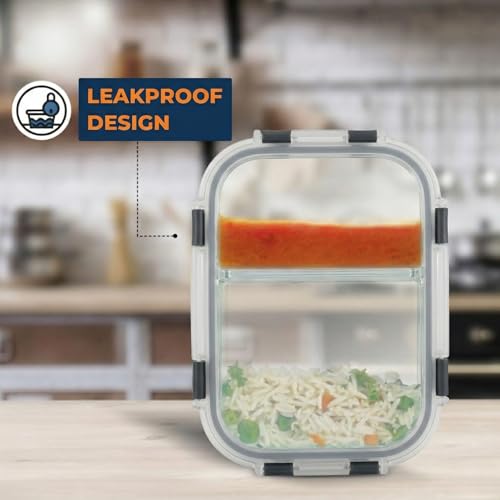 Image of Glass Lunch Box with 2 Compartments | Leakproof Borosilicate Glass Lunch Container with Airtight Lid | BPA Free Tiffin Box for Office, School & Travel (1x570ml + 1x980ml)