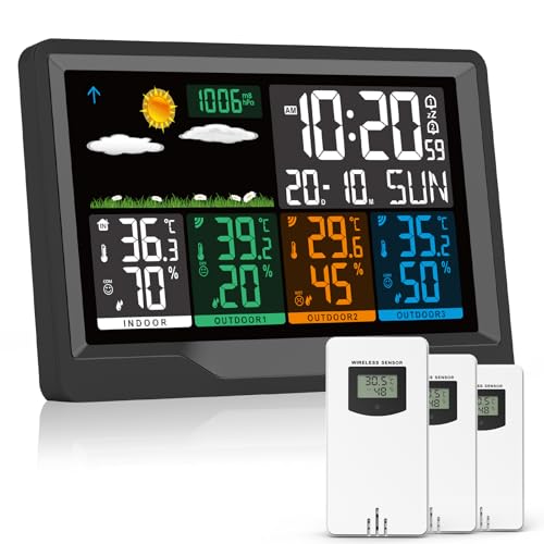 Station Meteo Interieur Exterieur Sans Fil avec 3 Capteurs Thermomètre Hygromètre LCD Écran Couleur avec Alerte Température Météo Prévisions DCF Radio Phase de la Lune Snooze Réveil Humidité Date Jour