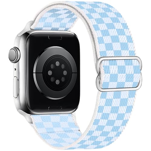 MITERV Stretchy Nylon Loop Bands Compatible with Apple Watch 38mm-49mm, iWatch Series 1-10, SE, Ultra; Adjustable Soft Elastic Strap; Blue, White Graphic Print; Modern Unisex Casual Band