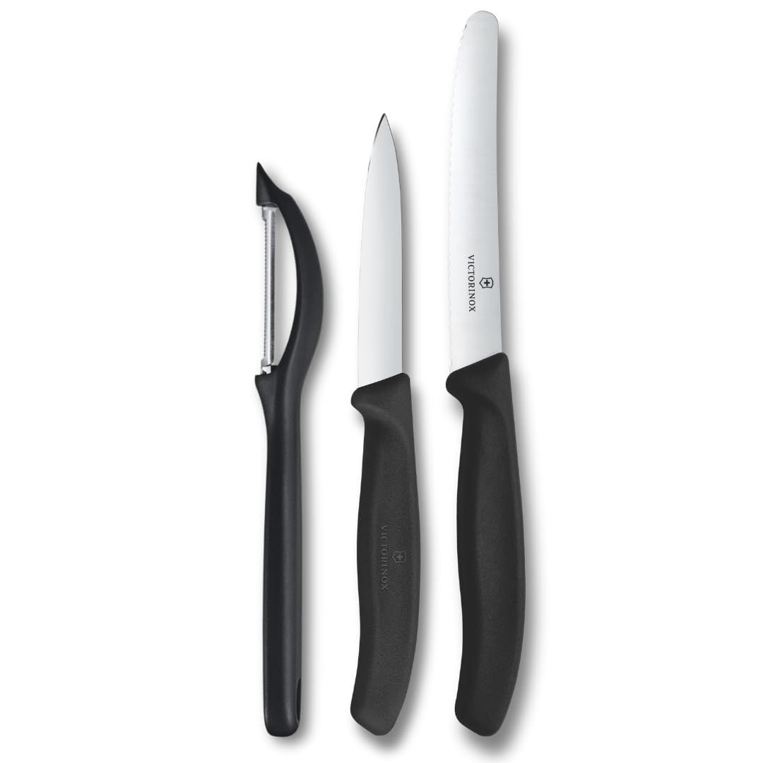 Victorinox Swiss Classic paring knife set with peeler, paring knife and tomato knife, 3-piece set, Extra sharp blade, Black
