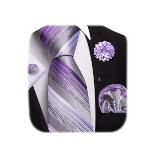 Image of Dubulle Mens Tie and Lapel Pin Paisley Striped Floral Necktie for Men Pocket Square Cufflinks 4PCS Set Wedding Party