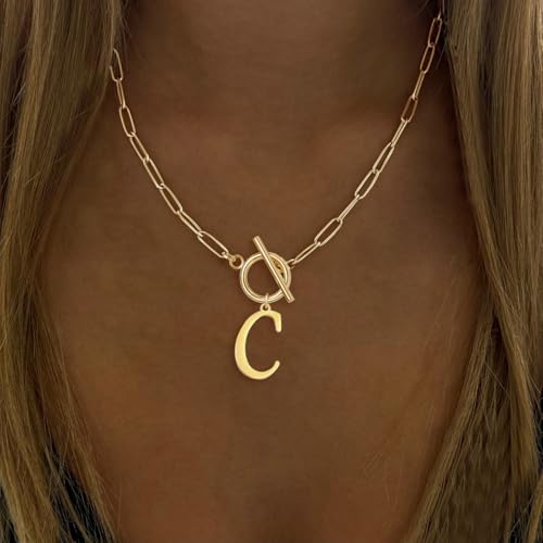 Gold Initial Necklaces For Women- Vintage 18K Gold Plated Toggle Letter Necklace Paper Clip Chain Choker Necklace For Women Jewelry Gifts4