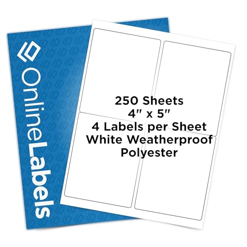 OnlineLabels 4" x 5" Rectangle Labels - Permanent, Weatherproof Polyester - for Shipping, barcodes, and Product Labels - 250 Sheets - Laser Only