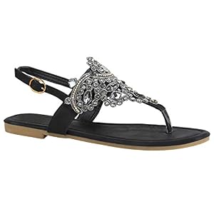 stiefelparadies Damen Sandalen Strass Metallic Zehentrenner Flats Dianetten Schuhe 155770 Schwarz Glitzer 39 Flandell