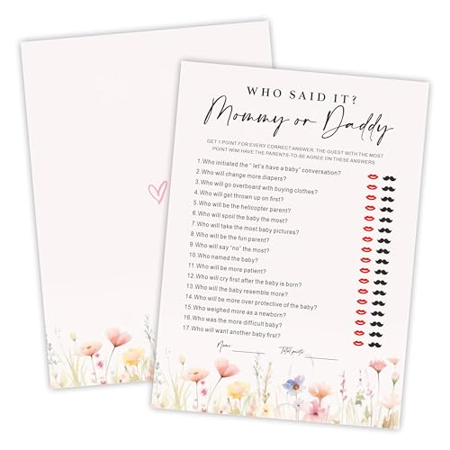5x7 Inch Baby Shower Game Cards - 50 Pack Who Said It,Mommy Or Daddy - Pink Floral Watercolor Design for Girls, Gender Reveal, Baby Announcement Party Supplies (A02)