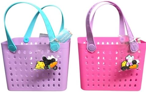 Colorful Rubber Totes, Small Perforated Basket with Handles, Multicolor, Pink and Purple 2 Count image 2
