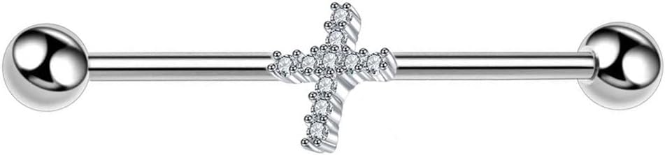 14G CZ Cross Industrial Barbell G23 Titanium Industrial Piercing Jewelry 38mm Long Industrial Bar Conch Helix Cartilage Barbell Earrings Body Piercing Jewelry for Women Men