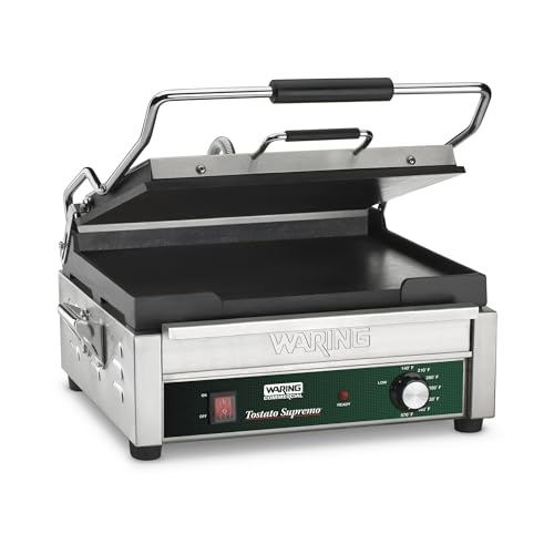 Waring Commercial Panini Press, Flat Cast Iron Plates, 14.5" x 11" Cooking Surface, 570°F Adjustable Thermostat, for Sandwiches up to 3" Thick, Professional Kitchen Grill, 120V, WFG250