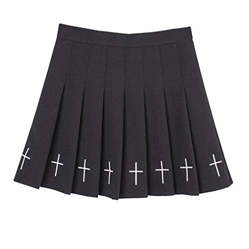 Punk Cross Embroidery Skirts Pleated Women High Waist Mini Skirts Cross Female Black White Skirts (Black, XL)
