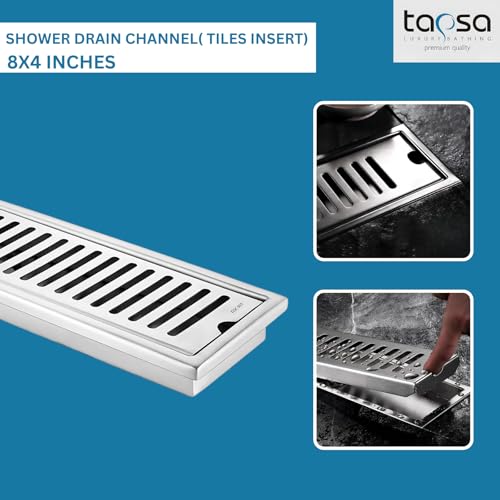 Image of Tapsa Wave Floor Drain Channel Chrome| 304 Stainless Steel | Invisible Shower Drain Channel | 8 x 4 Inches | Waste Water Floor Drain for 20x10 mm Tile | Drainer Channel | Anti Cockroach Trap | Silver
