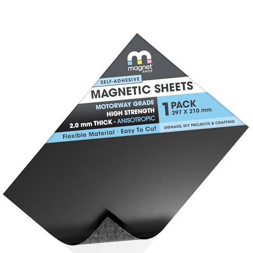 TMS Extra Strong Magnetic Sheet A4 | Self-Adhesive and Super Strength Magnet for Crafts, Sign Making and More | Motorway Vehicle Grade with Powerful Pull and Grip [30 x 21cm, 2.0mm thick, Anisotropic]