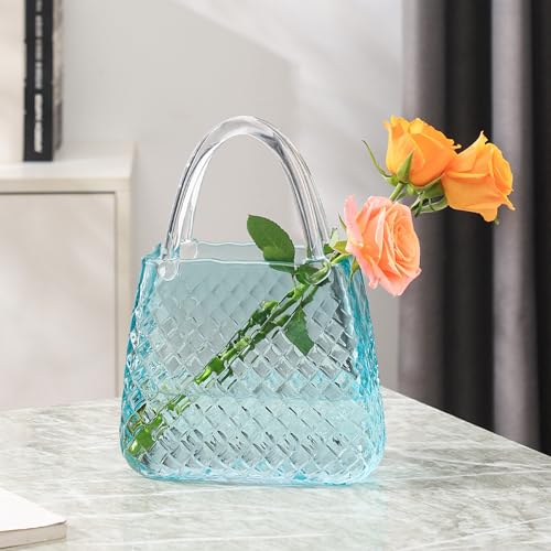PORPAN Purse Vase, Glass Bag Vase, Glass Purse Vase for Flowers, Blue Glass Vase, 12 Inch Large Flower Vase with Embossed Pattern for Wedding, Living Room, Bedroom, Table, Office(Round)