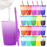 20 piezas Vasos Reutilizables de Plásticos, 500 ml vasos de plastico con tapa y popote, Use agua fría para cambiar de...