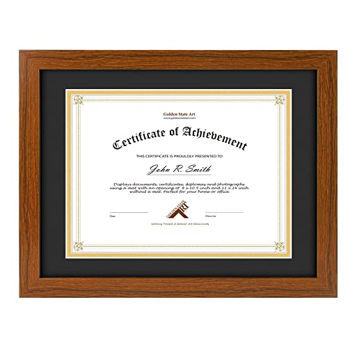 Golden State Art, 11x14 Diploma Wood Frame for 8.5x11 Document & Certificates, Real Glass (Brown with Black/Gold Double Mat, 1 Pack)