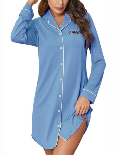 Rayson Camisones para Mujer Satén Ropa de Dormir de con Botones y Bolsillos Laterales Camisón de Cuello en V Manga Larga Ropa de Dormir Suave(Azul,M)