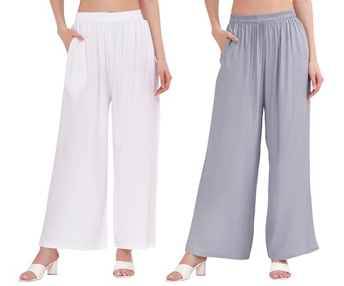 Image of Buy That Trendz Palazzo Pants for Women Cotton Rayon Elasticated Regular Fit Flared Wide Leg M to 6XL Pack of 2