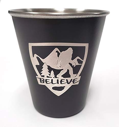 SQUATCH METALWORKS BELIEVE Bigfoot Shield Shot Glass - Stainless Steel - Bigfoot/Sasquatch/Yeti/Wilderness Gift - DESIGNED AND MANUFACTURED IN THE USA
