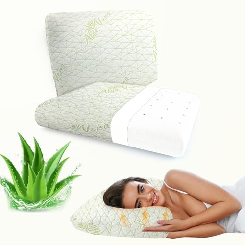 Image of AYKA Aloevera Memory Foam Pillow for Neck & Shoulder Pain | Neck Orthopedic Pillow for Sleeping, Pain Relief & Spinal Alignment | Ergonomic Design | 2 Years Warranty (Set of 2)
