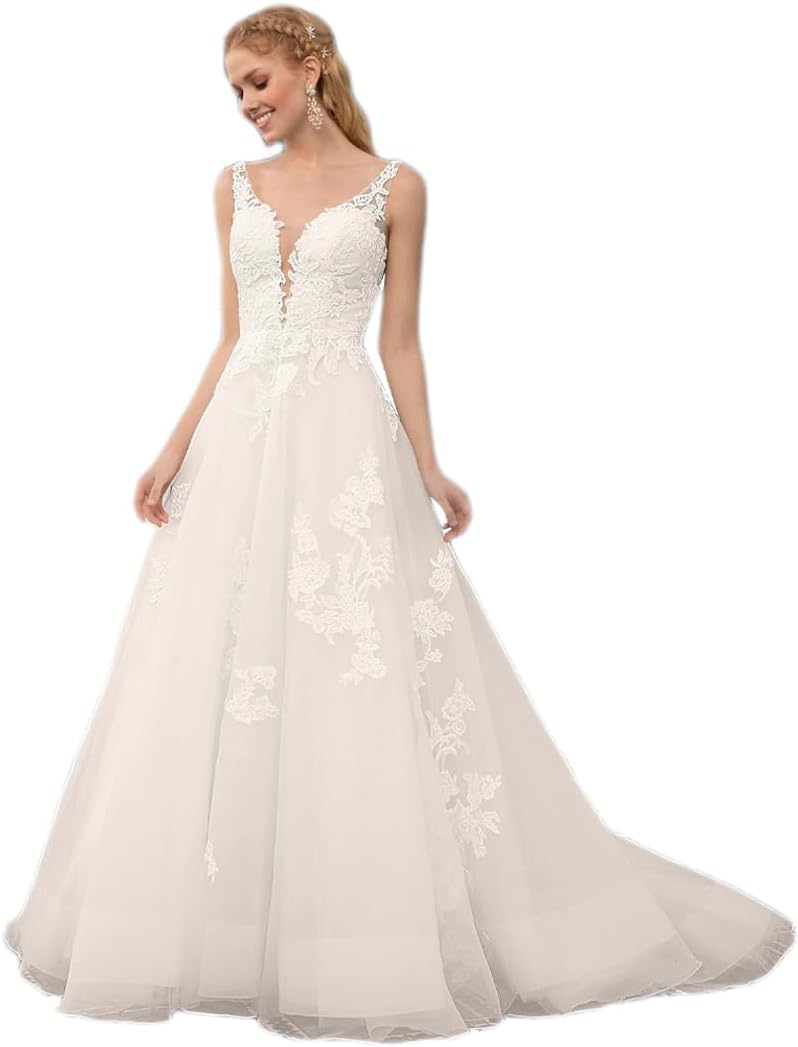 Lace Applique Boho Wedding Dresses for Bride Long Chiffon Beach Bridal Dress Wedding Gown with Train