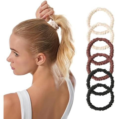 6 Pcs Satin Silk Scrunchies for Women, Silk Hair Ties with Excellent Stretch, Silk Scrunchies Skinny Scrunchies No Damage, Silk Scrunchies for Hair for Various Occasions (Beige, Coffee, Black) Cover