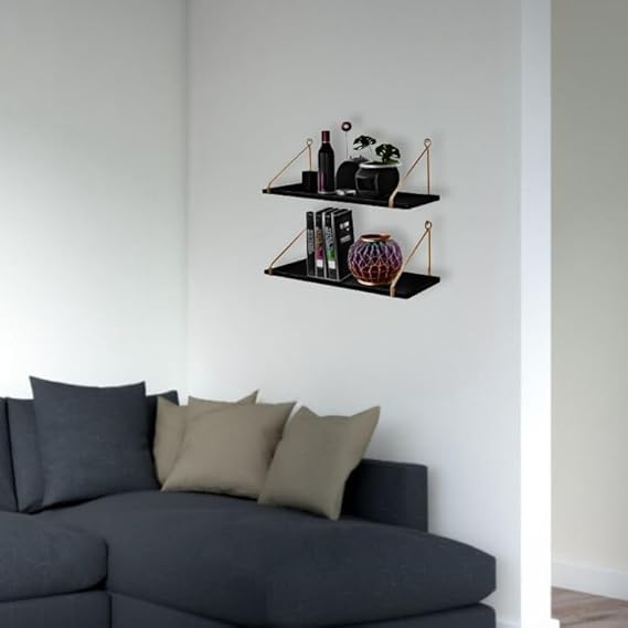 Image of Wall Shelf for Living Room, Wood Hanging Storage Organizer with Metallic Gold and Black Accents, Modern Wall-Mounted Decorative Floating Shelves for Bedroom, Office, or Entryway (Black)
