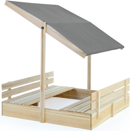 SPIELWERK® Bac à Sable en Bois Toni 120x120cm Tapis de Sol Toit réglable Protection UV 50+ Jeu pour Enfants extérieur Jardin