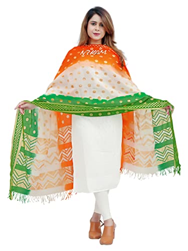 Women's & Girls Art Silk Net Ethnic Dupatta/Chunni With Gold Zari Work (2.25 Meter), Tiranga, Free Size4
