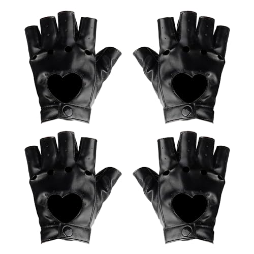 SLEEKEE Juego de 2 pares de guantes negros sin dedos, guantes de cuero sin dedos para mujer, accesorios de cosplay, guantes de motorista punk, guantes de cuero para rock y hip hop, Negro , Talla
