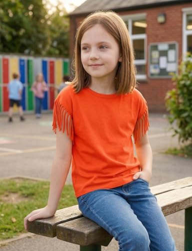 Image of Noomelfish Girls Fringe Sleeve T-Shirts Tassel Casual Summer Tee Tops (5-12 Years)