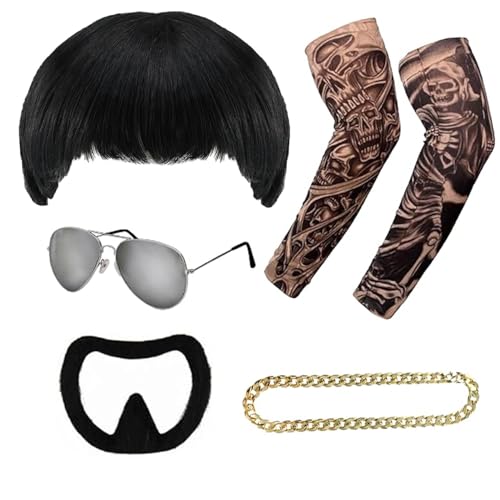 sanderala Ibiza Final Boss Costume Rave Accessory Set Black Bowl Cut Wig, Goatee, Gold Chain, Fake Tattoo Sleeves & Shades – Funny Fancy Dress Costume Kit for Halloween