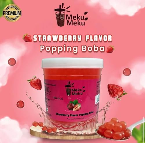 Meku Meku Strawberry Flavour Popping Premium Boba Pearls (1.3kg) Soft and Chewy, Perfect for Bubble Tea & More!